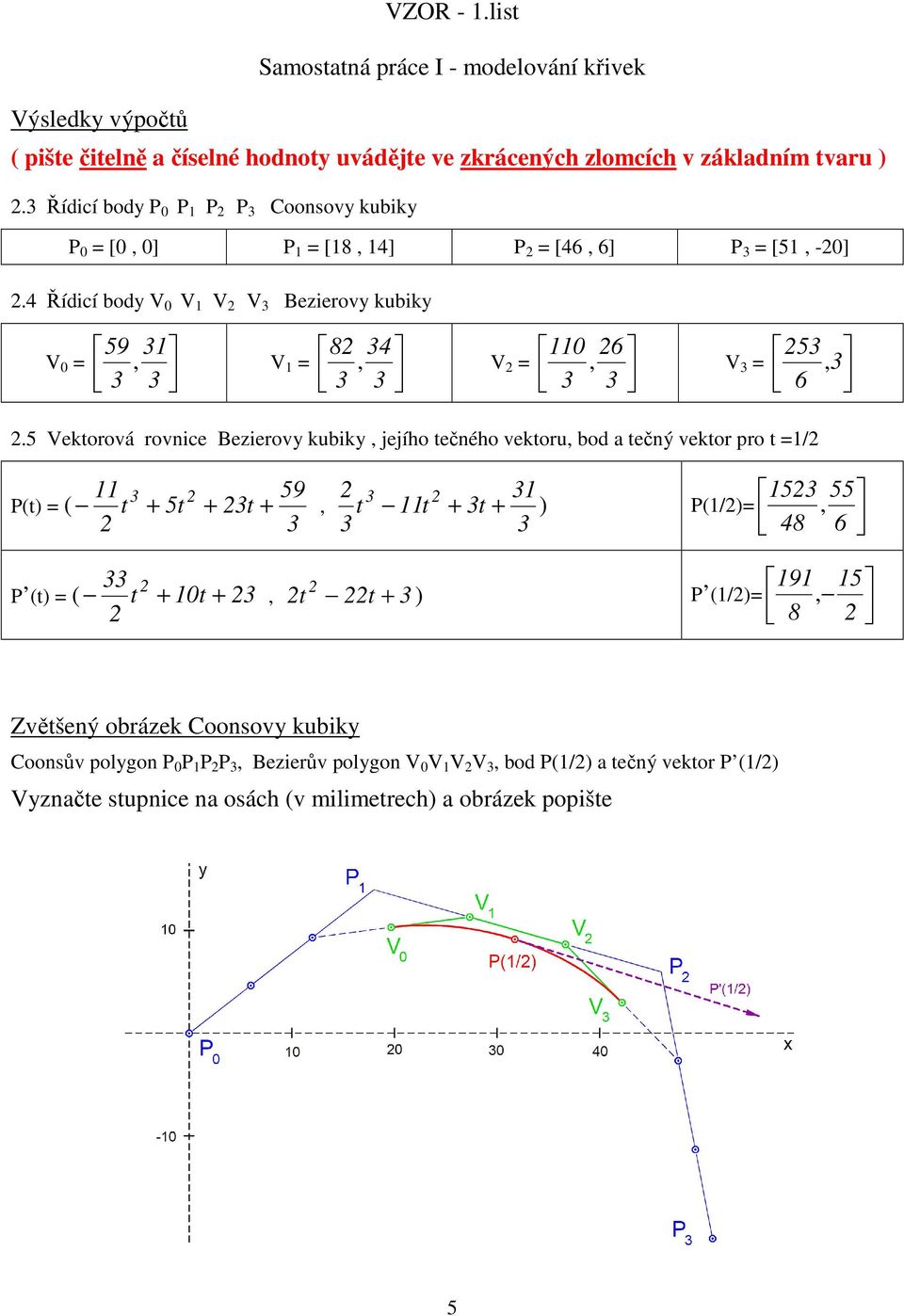 5 Vektorová rovnice Bezierovy kubiky, jejího tečného vektoru, bod a tečný vektor pro t 1/ P(t) ( 11 59 t + 5t + t +, t 1 15 55 11t + t + ) P(1/), 48 6 P (t) ( t + 10t +, t