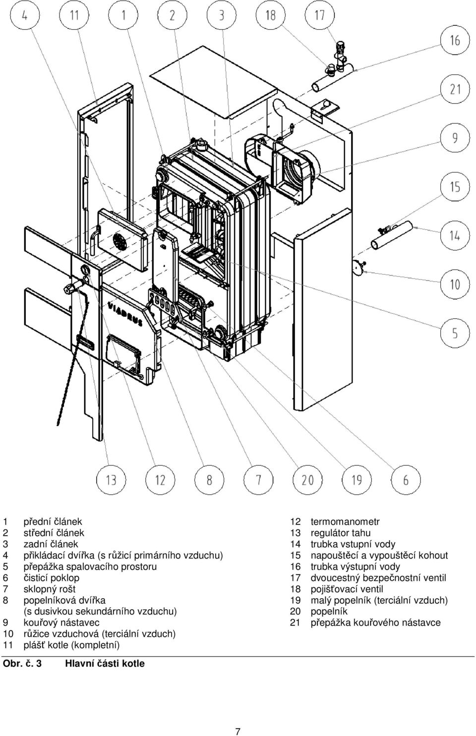 kotle (kompletní) 12 termomanometr 13 regulátor tahu 14 trubka vstupní vody 15 napouštěcí a vypouštěcí kohout 16 trubka výstupní vody 17