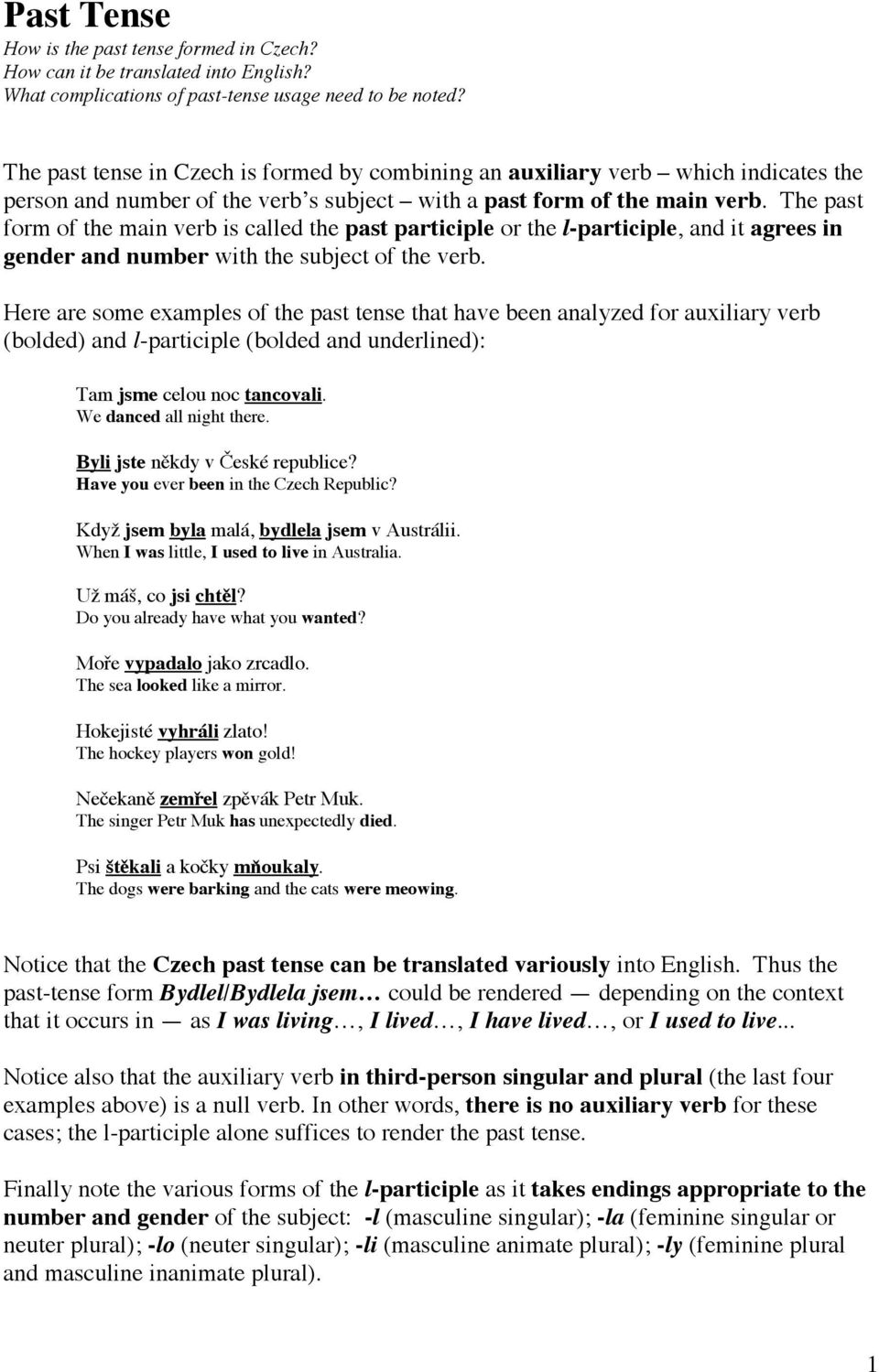 The past form of the main verb is called the past participle or the l-participle, and it agrees in gender and number with the subject of the verb.