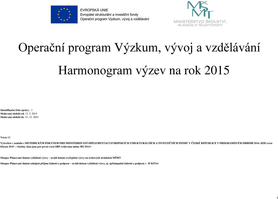 2015 Verze 02 Vytvořen v souladu s METODICÝM OYNEM RO MONITOROVÁNÍ IMLEMENTACI EVROSÝCH STRUTURÁLNÍCH A INVESTIČNÍCH FONDŮ V ČESÉ REUBLICE V ROGRAMOVÉM