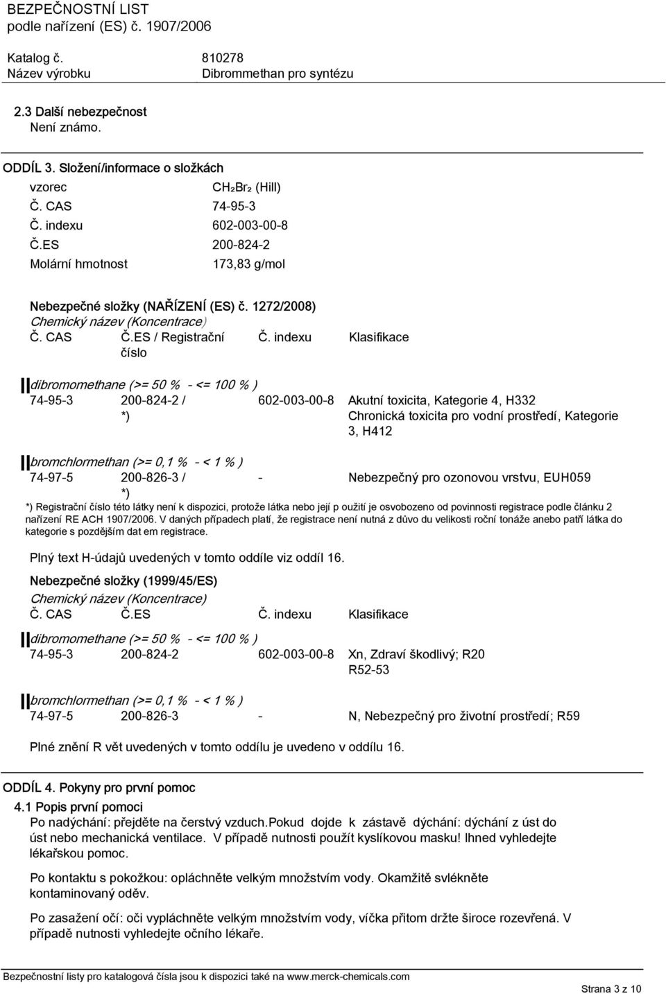 indexu Klasifikace dibromomethane (>= 50 % - <= 100 % ) 74-95-3 200-824-2 / *) 602-003-00-8 Akutní toxicita, Kategorie 4, H332 Chronická toxicita pro vodní prostředí, Kategorie 3, H412