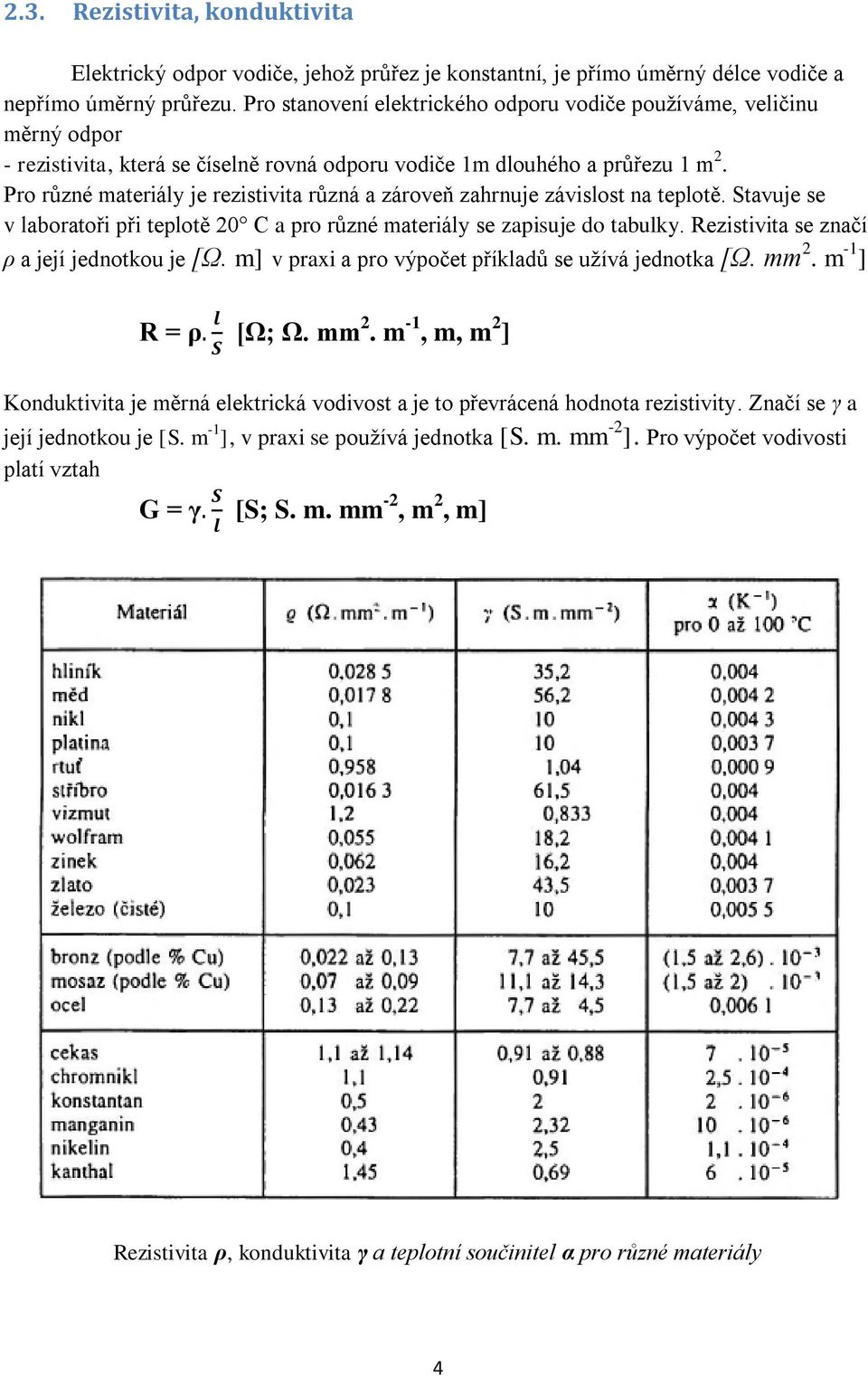 Pro různé materiály je rezistivita různá a zároveň zahrnuje závislost na teplotě. Stavuje se v laboratoři při teplotě 20 C a pro různé materiály se zapisuje do tabulky.
