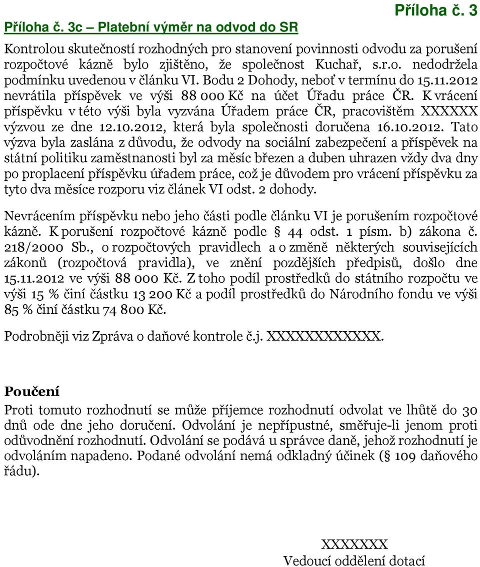 K vrácení příspěvku v této výši byla vyzvána Úřadem práce ČR, pracovištěm XXXXXX výzvou ze dne 12.10.2012,