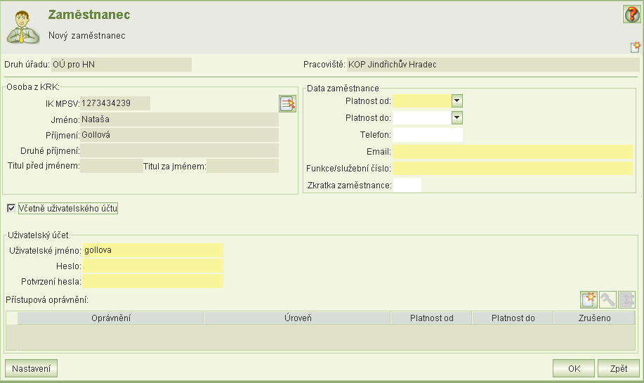 Pro vytvoření uživatelského účtu pro nového pracovníka se již nezasílá na MPSV Souhlas se zpracováním osobních údajů. Nový účet vytvoří uživatel s oprávněním správa systému.