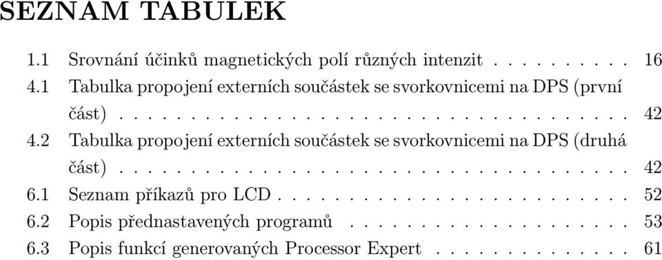 2 Tabulka propojení externích součástek se svorkovnicemi na DPS (druhá část).................................... 42 6.