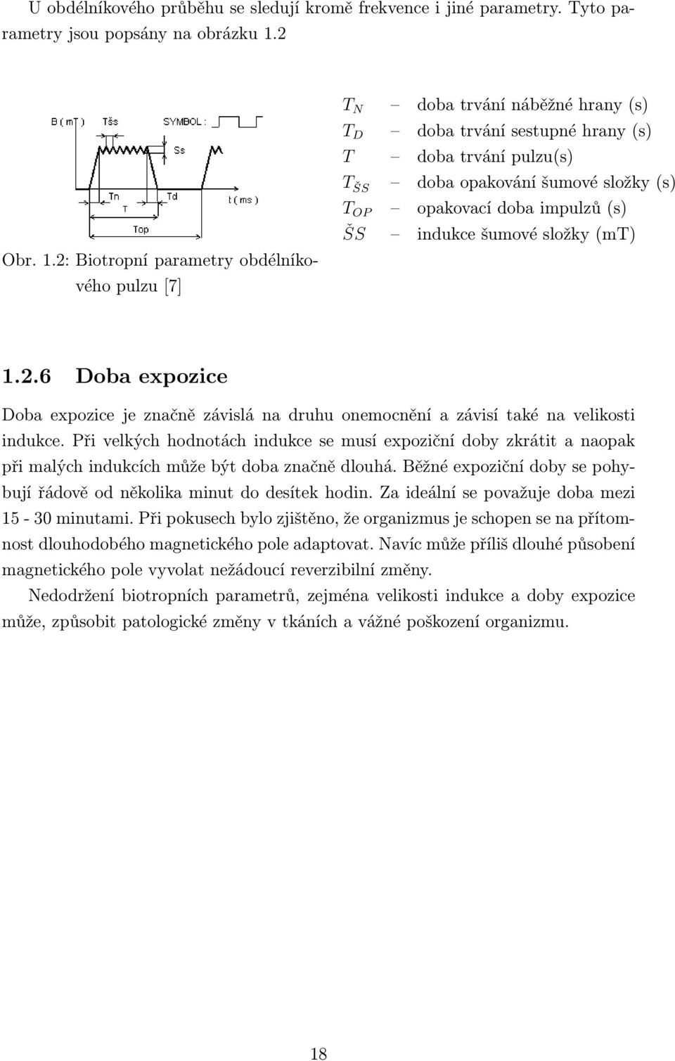 2: Biotropní parametry obdélníkového pulzu [7] T N doba trvání náběžné hrany (s) T D doba trvání sestupné hrany (s) T doba trvání pulzu(s) T ŠS doba opakování šumové složky (s) T OP opakovací doba