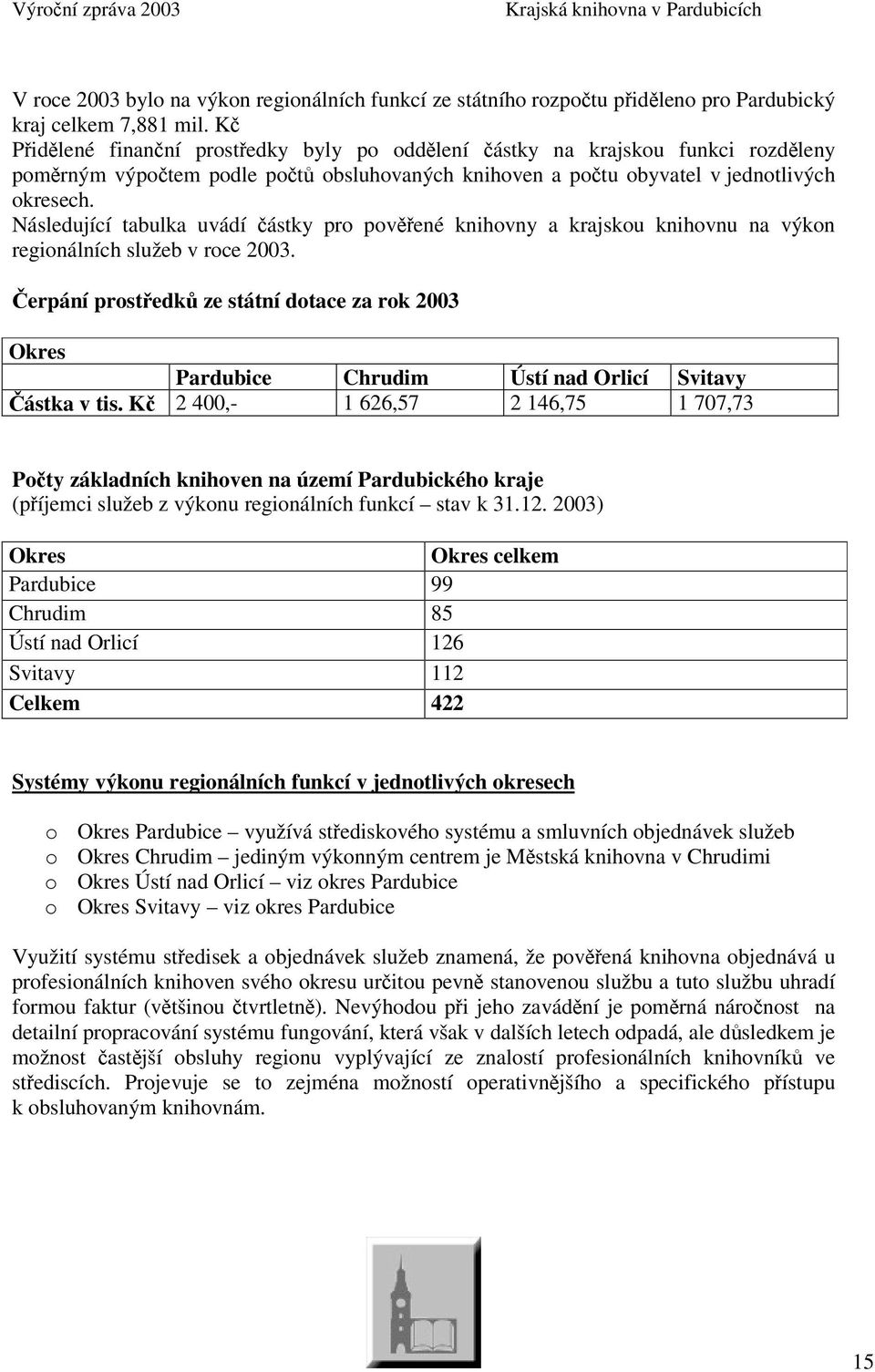 Následující tabulka uvádí ástky pro povené knihovny a krajskou knihovnu na výkon regionálních služeb v roce 2003.