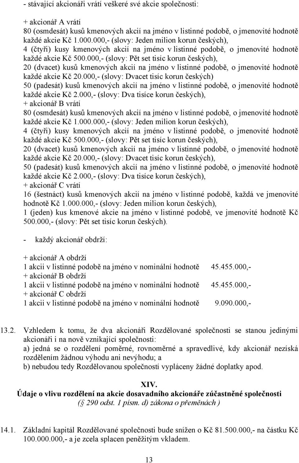 000,- (slovy: Pět set tisíc korun českých), 20 (dvacet) kusů kmenových akcií na jméno v listinné podobě, o jmenovité hodnotě každé akcie Kč 20.