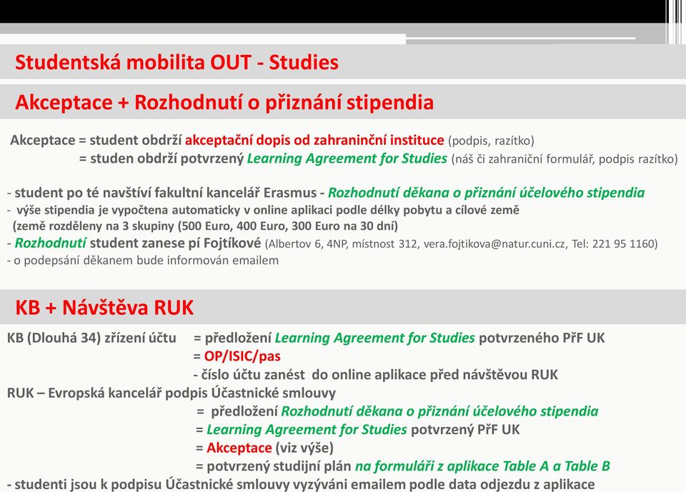 automaticky v online aplikaci podle délky pobytu a cílové země (země rozděleny na 3 skupiny (500 Euro, 400 Euro, 300 Euro na 30 dní) - Rozhodnutí student zanese pí Fojtíkové (Albertov 6, 4NP,