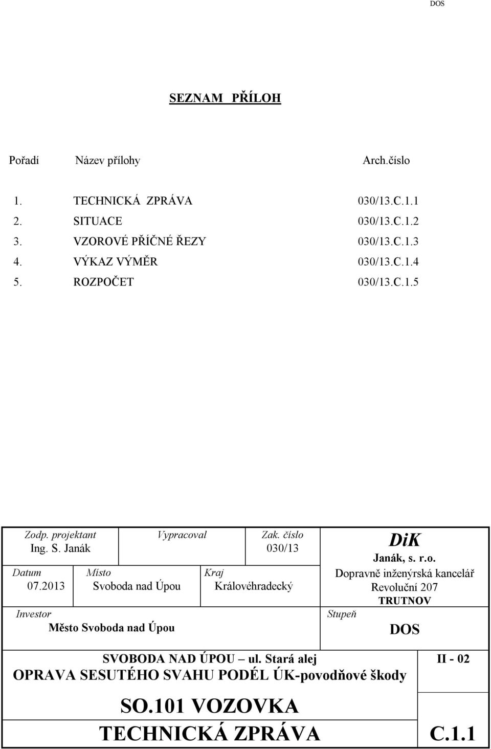 2013 Vypracoval Místo Svoboda nad Úpou Investor Město Svoboda nad Úpou Kraj Královéhradecký Zak. číslo 030/13 DiK Janák, s. r.o. Dopravně inženýrská kancelář Revoluční 207 TRUTNOV Stupeň DOS SVOBODA NAD ÚPOU ul.