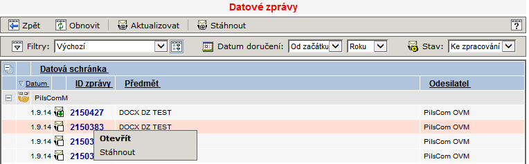 Podle ikonky před ID datové zprávy poznáte, zda je datová zpráva již stažená (stav Stažená) ještě nikoliv (stav Nová). nebo B) Stáhnout: Tato možnost je popsána v samostatné kapitole viz níže: 2.