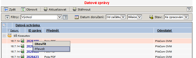 Uzavření dialogového okna křížkem, zamezí automatickému provedení aktualizace stránky, a tedy po dokončení procesu se neprovede automatická změna stavu zpráv.