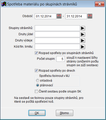 Tisková sestava Spotřeba materiálu po skupinách Nová sestava, která umožňuje vytisknout celkovou spotřebu jednotlivých surovin pro jednotlivé skupiny strávníků.