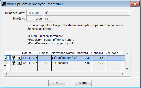 Výběr konkrétní příjemky ve výdejce opakované zobrazování Program umožňuje při výdeji materiálu po stisku klávesy F5 vyvolat seznam všech příjemek daného materiálu, ze kterého si můžeme vybrat