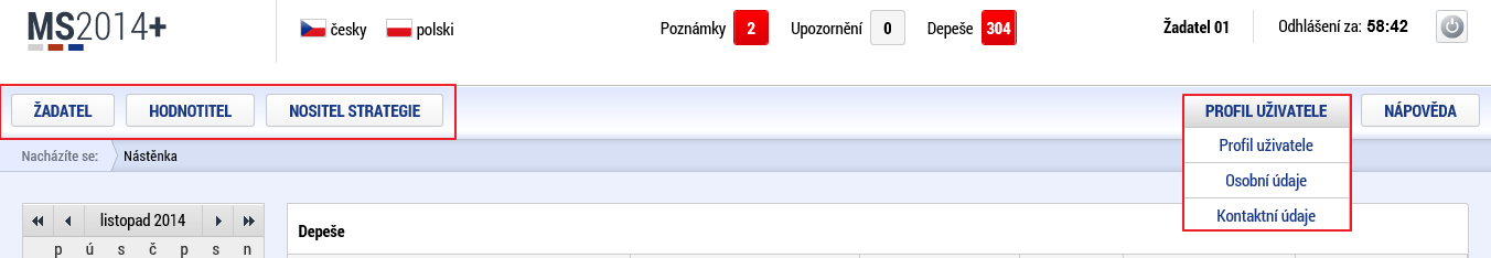 Obrázek 18 - Nástěnka IS Ze základní plochy nástěnky je možné přepnout na tyto záložky: - Žadatel úvodní obrazovka pro žadatele - Hodnotitel úvodní obrazovka pro hodnotitele - Nositel strategie