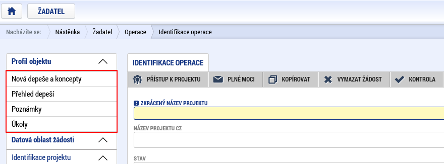 Obrázek 29 - Profil objektu Přístup k projektu Přístup k projektu je formulář pro nastavení sdílení konkrétní projektové žádosti jinému registrovanému uživateli aplikace.