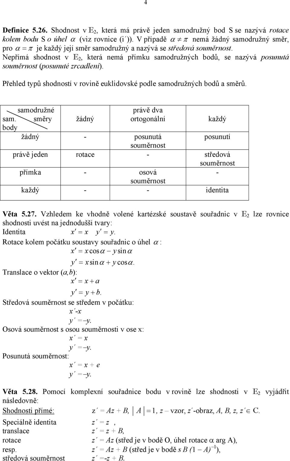 Přehled typů shodostí v rově eukldovské podle sodružých bodů sěrů. sodružé právě dv s.