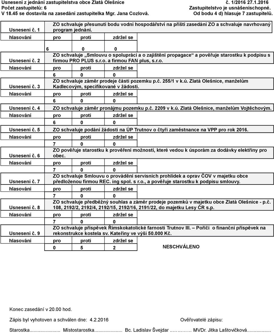 r.o. a firmou FAN plus, s.r.o. Usnesení č. 3 ZO schvaluje záměr prodeje části pozemku p.č. 255/1 v k.ú. Zlatá Olešnice, manželům Kadlecovým, specifikované v žádosti. Usnesení č. 4 ZO schvaluje záměr pronájmu pozemku p.