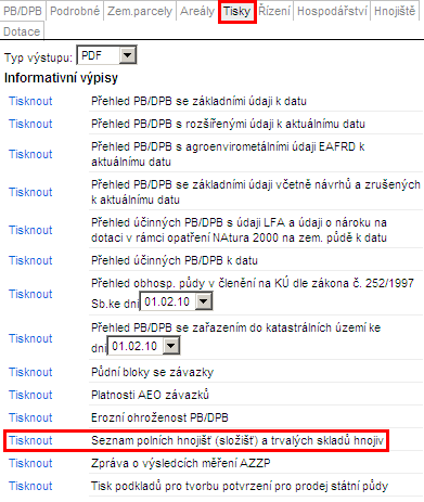 Seznam hnojišť obsahuje číslo, název, typ, stav, datum založení/ukončení a registrační číslo provozovny.