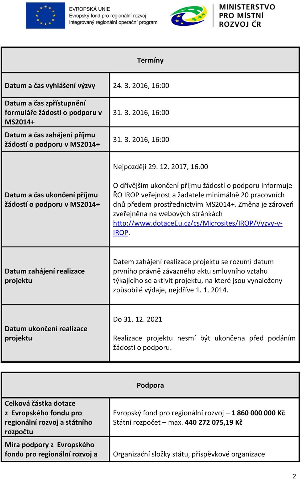 00 Datum a čas ukončení příjmu žádostí o podporu v MS2014+ O dřívějším ukončení příjmu žádostí o podporu informuje ŘO IROP veřejnost a žadatele minimálně 20 pracovních dnů předem prostřednictvím