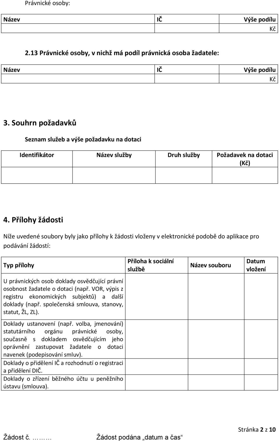 Přílohy žádosti Níže uvedené soubory byly jako přílohy k žádosti vloženy v elektronické podobě do aplikace pro podávání žádostí: Typ přílohy U právnických osob doklady osvědčující právní osobnost