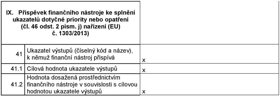 j) nařízení (EU) 41 Ukazatel výstupů (číselný kód a název), k němuž finanční nástroj