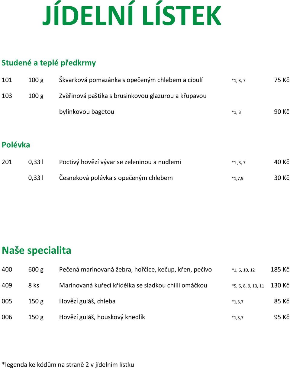 30 Kč Naše specialita 400 600 g Pečená marinovaná žebra, hořčice, kečup, křen, pečivo *1, 6, 10, 12 185 Kč 409 8 ks Marinovaná kuřecí křidélka se sladkou chilli omáčkou