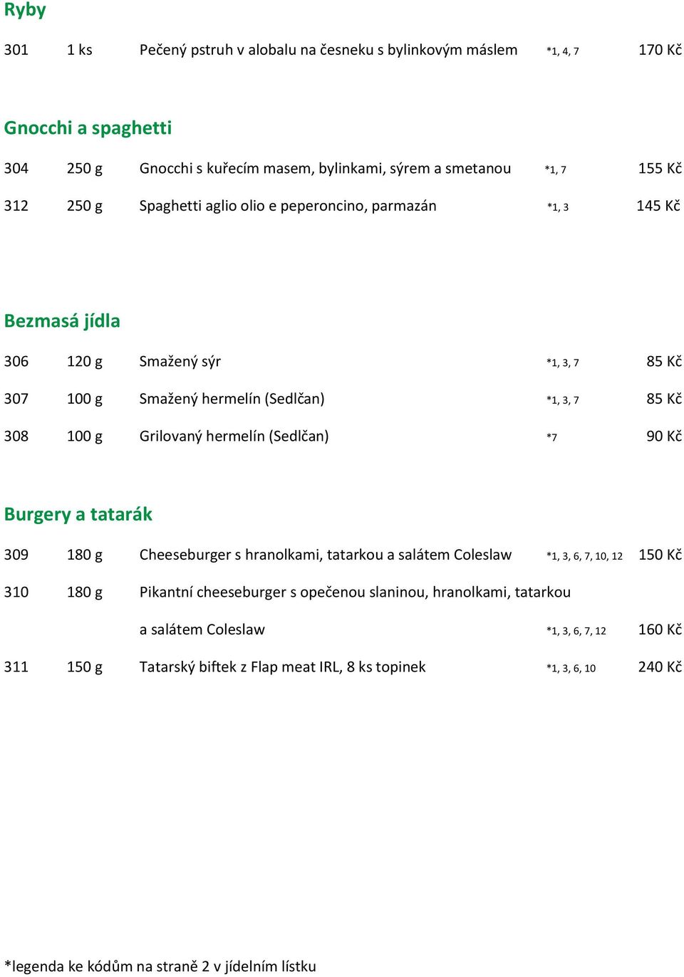 hermelín (Sedlčan) *7 90 Kč Burgery a tatarák 309 180 g Cheeseburger s hranolkami, tatarkou a salátem Coleslaw *1, 3, 6, 7, 10, 12 150 Kč 310 180 g Pikantní cheeseburger s opečenou