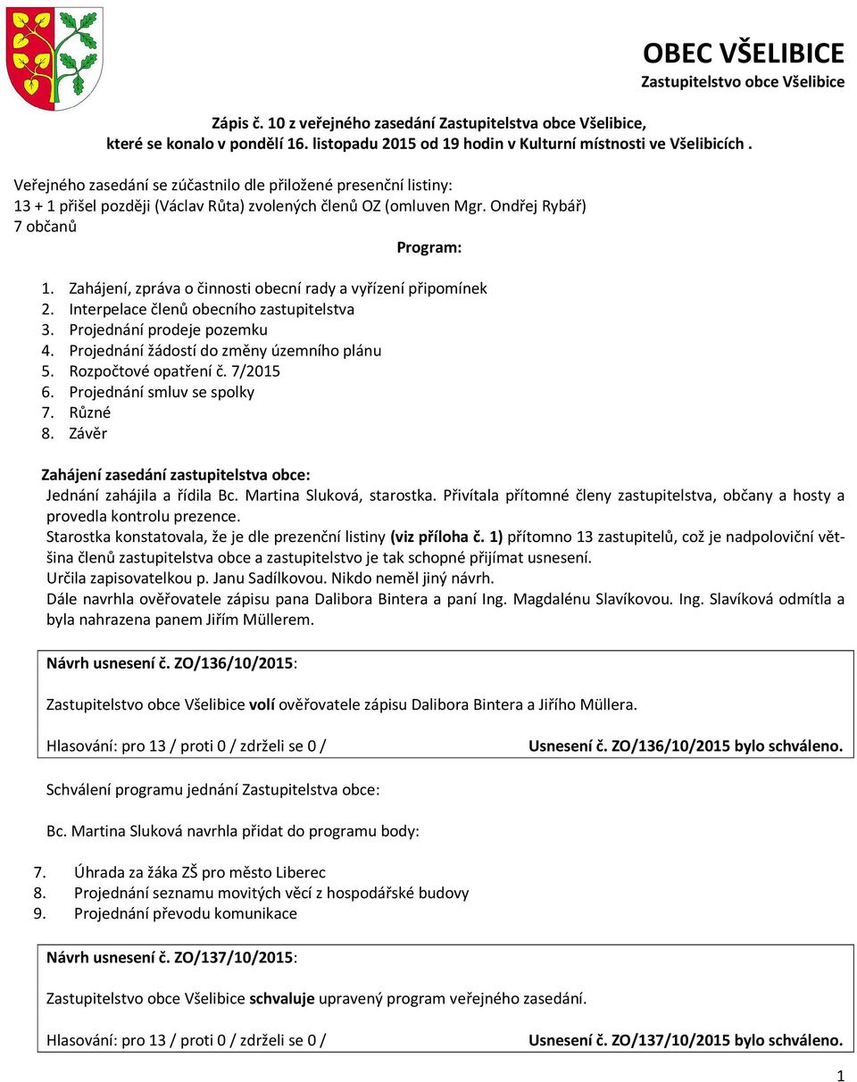 Ondřej Rybář) 7 občanů Program: 1. Zahájení, zpráva o činnosti obecní rady a vyřízení připomínek 2. Interpelace členů obecního zastupitelstva 3. Projednání prodeje pozemku 4.