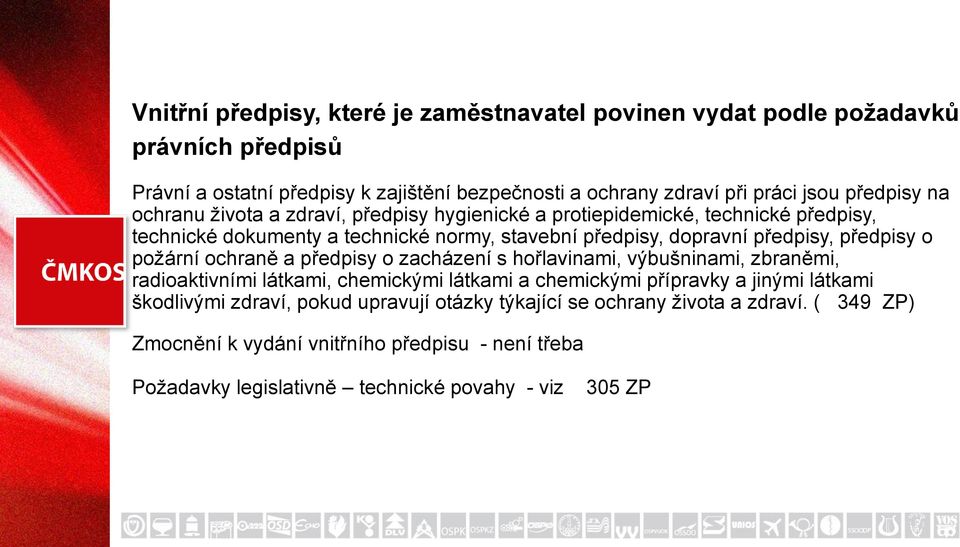 předpisy o požární ochraně a předpisy o zacházení s hořlavinami, výbušninami, zbraněmi, radioaktivními látkami, chemickými látkami a chemickými přípravky a jinými látkami