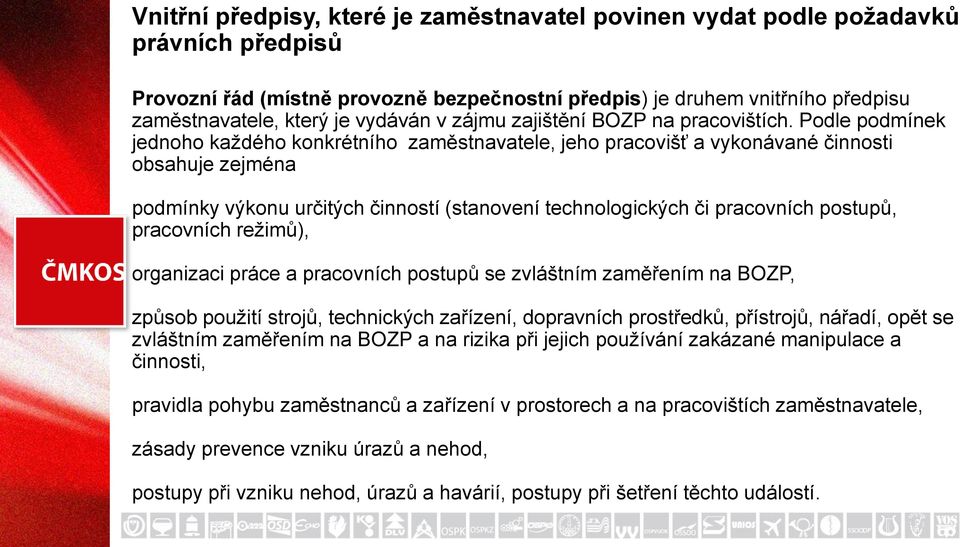 Podle podmínek jednoho každého konkrétního zaměstnavatele, jeho pracovišť a vykonávané činnosti obsahuje zejména podmínky výkonu určitých činností (stanovení technologických či pracovních postupů,