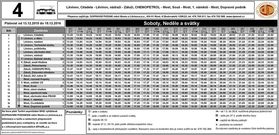 Hlubina Záluží, Petrochemie Záluží, CHEMOPETROL Záluží, Zdravotní středisko x Záluží, Důl Julius IV Most, rozcestí Kopisty x Most, sídliště ČD Most, Souš / Most, zimní stadion Most, sportovní hala