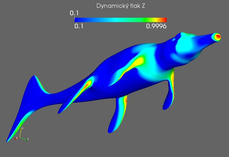 Crocodylia - zobrazení dynamického tlaku Tab. 16: Zobrazení dynamického tlaku na modelu metrioryncha. Levý sloupec odshora: laterální pohled, dorzální pohled, ventrální pohled.