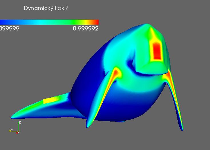 Sirenia - zobrazeni dynamického tlaku Tab. 22: Zobrazení dynamického tlaku na modelu dugonga. Levý sloupec odshora: laterální pohled, dorzální pohled, ventrální pohled.