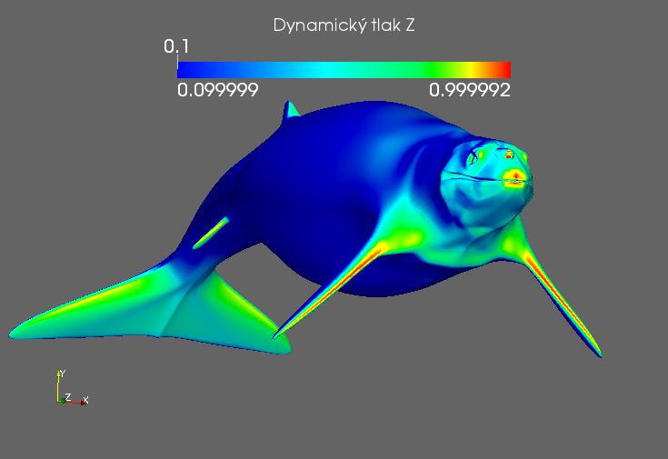 Cetaceae - zobrazení dynamického tlaku Tab. 24: Zobrazení dynamického tlaku na modelu basilosaura. Levý sloupec odshora: laterální pohled, dorzální pohled, ventrální pohled.