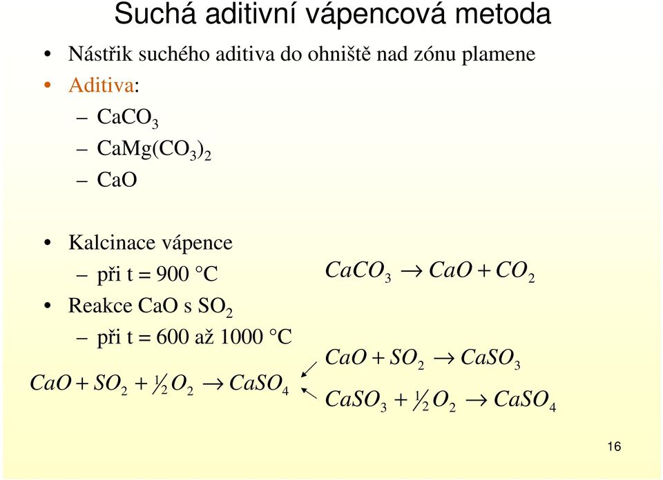 při t = 900 C Reakce CaO s SO 2 při t = 600 až 1000 C CaO + SO 1 2 +