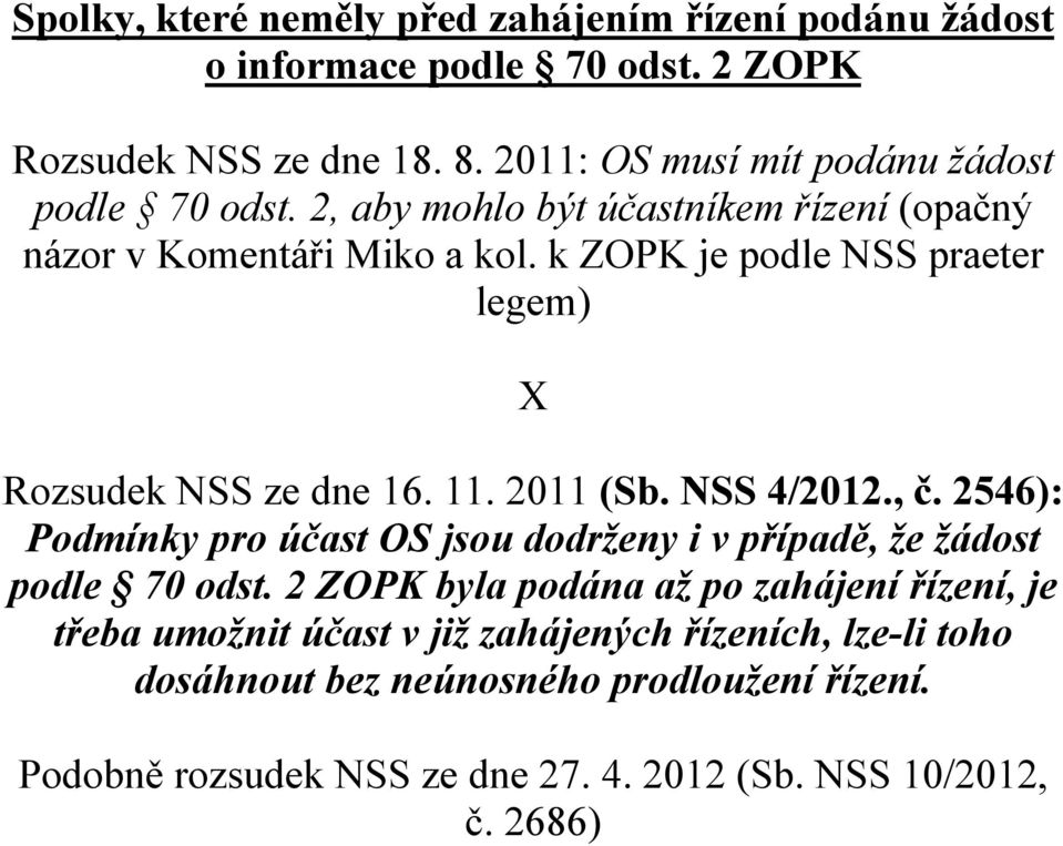 k ZOPK je podle NSS praeter legem) X Rozsudek NSS ze dne 16. 11. 2011 (Sb. NSS 4/2012., č.