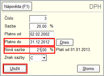 Nyní v poli Platno do nastavte datum 31.12.2012, v poli Nová sazba nastavte 21% a stiskněte tlačítko Uložit. Pokladna je nyní připravena na změnu sazeb DPH.