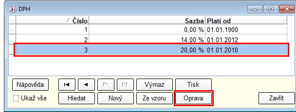 Klikněte na tlačítko Nová sazba a v nově otevřeném okně nastavte v poli Počátek platnosti datum 1.1.2013, v poli Sazba nastavte hodnotu 15% a stiskněte tlačítko Uložit.