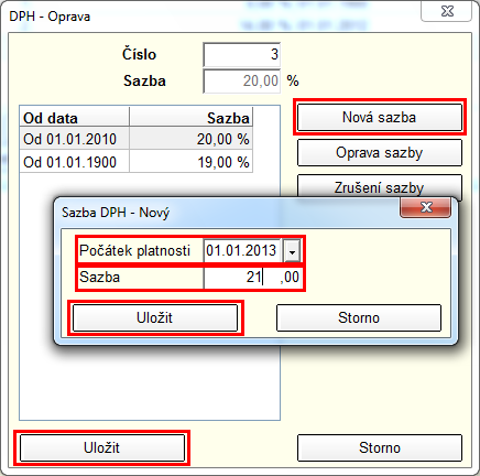 Nyní klikněte na tlačítko Nová sazba, do pole Počátek platnosti zadejte datum 1.