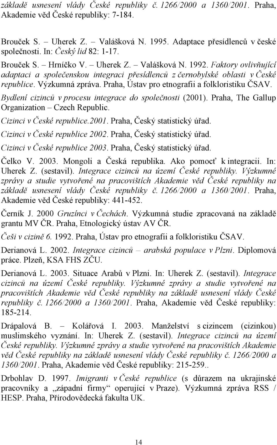 Praha, Ústav pro etnografii a folkloristiku ČSAV. Bydlení cizinců v procesu integrace do společnosti (2001). Praha, The Gallup Organization Czech Republic. Cizinci v České republice.2001. Praha, Český statistický úřad.