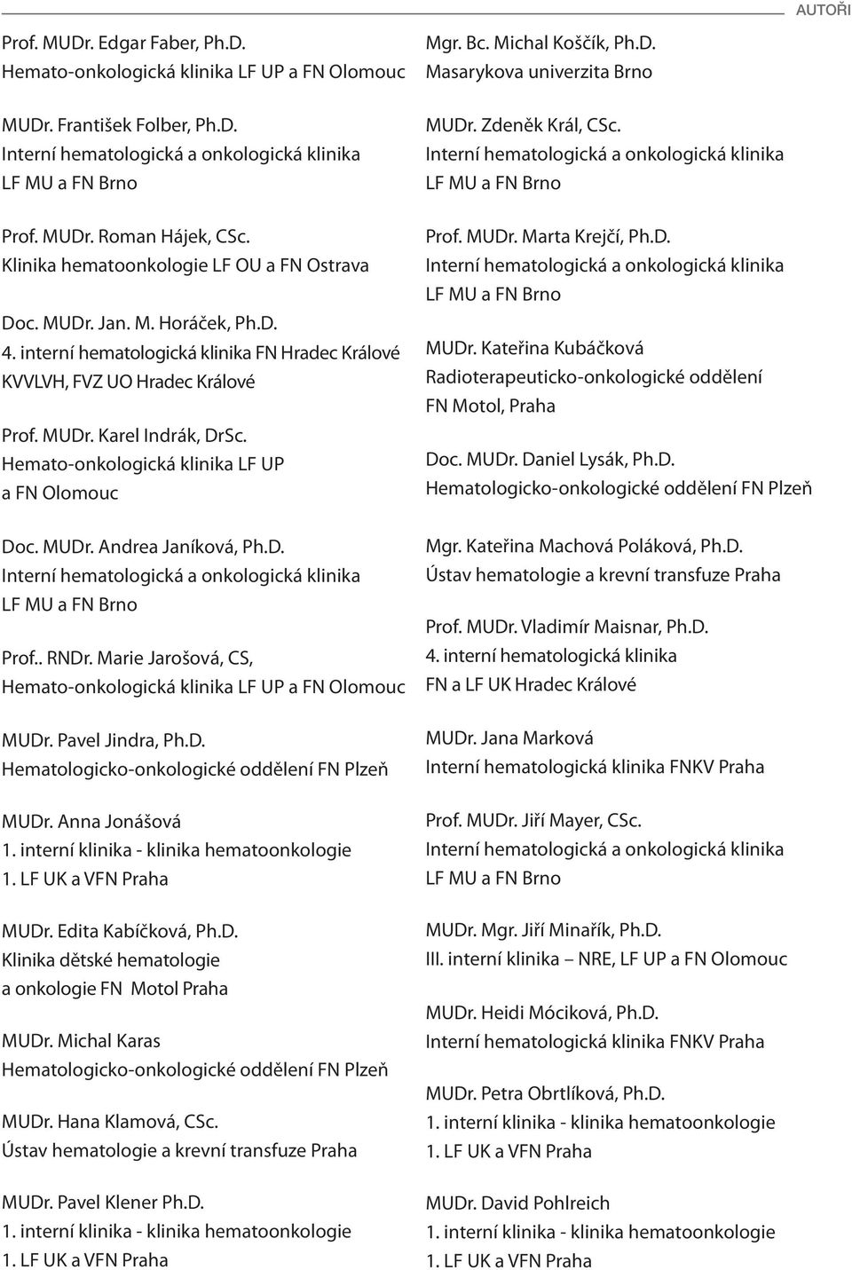 interní hematologická klinika FN Hradec Králové KVVLVH, FVZ UO Hradec Králové Prof. MUDr. Karel Indrák, DrSc. Hemato-onkologická klinika LF UP a FN Olomouc Doc. MUDr. Andrea Janíková, Ph.D. Interní hematologická a onkologická klinika LF MU a FN Brno Prof.