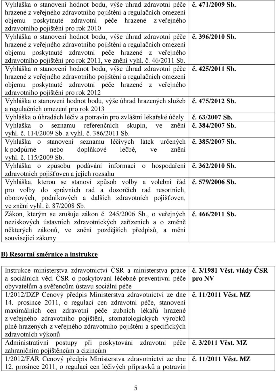 46/2011  pro rok 2012 Vyhláška o stanovení hodnot bodu, výše úhrad hrazených služeb a regulačních omezení pro rok 2013 Vyhláška o úhradách léčiv a potravin pro zvláštní lékařské účely Vyhláška o