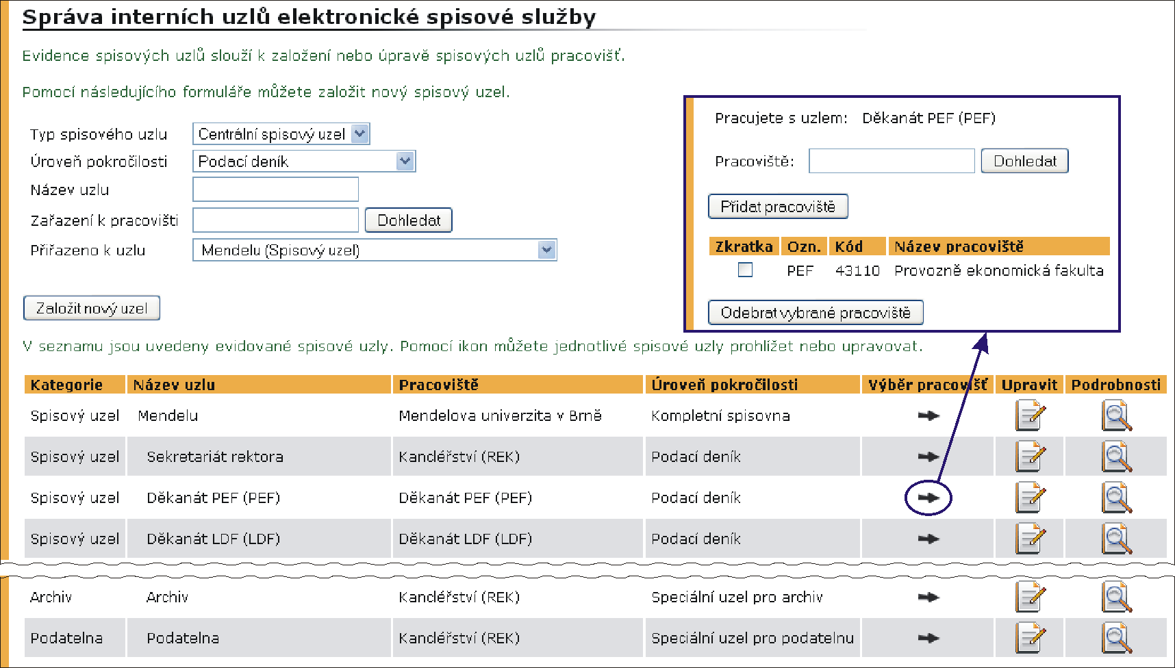 3 Nastavení spisové služby Než se na univerzitě začne používat Elektronická spisová služba, je nutné nastavit spisové uzly a spisový a skartační plán, podle kterého se nastavuje skartační lhůta a