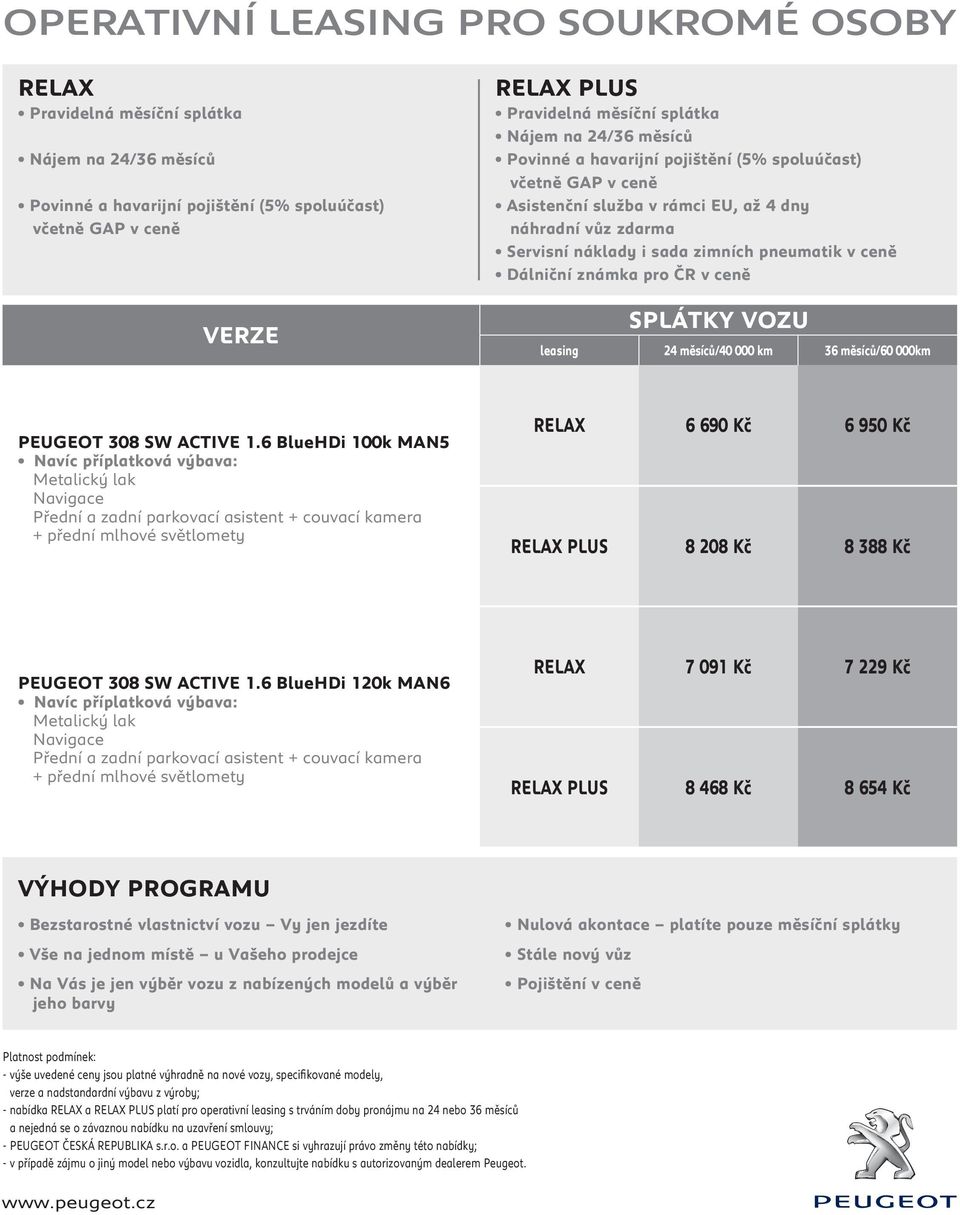 ceně Dálniční známka pro ČR v ceně SPLÁTKY VOZU leasing 24 měsíců/40 000 km 36 měsíců/60 000km PEUGEOT 308 SW ACTIVE 1.