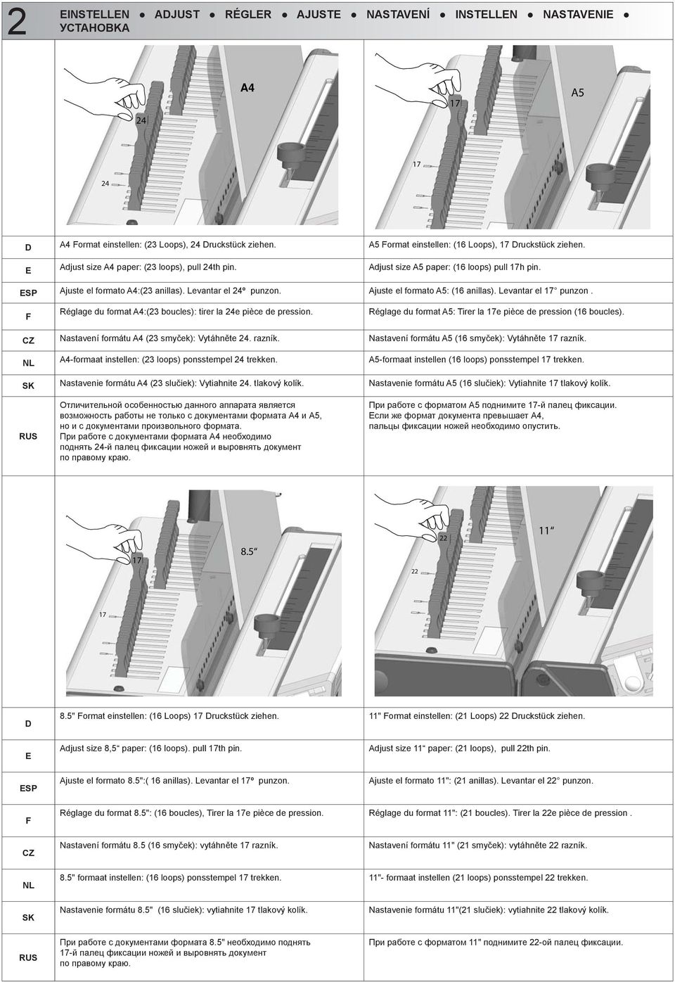 Levantar el 17 punzon. Réglage du format A4:(23 boucles): tirer la 24e pièce de pression. Réglage du format A5: Tirer la 17e pièce de pression (16 boucles).