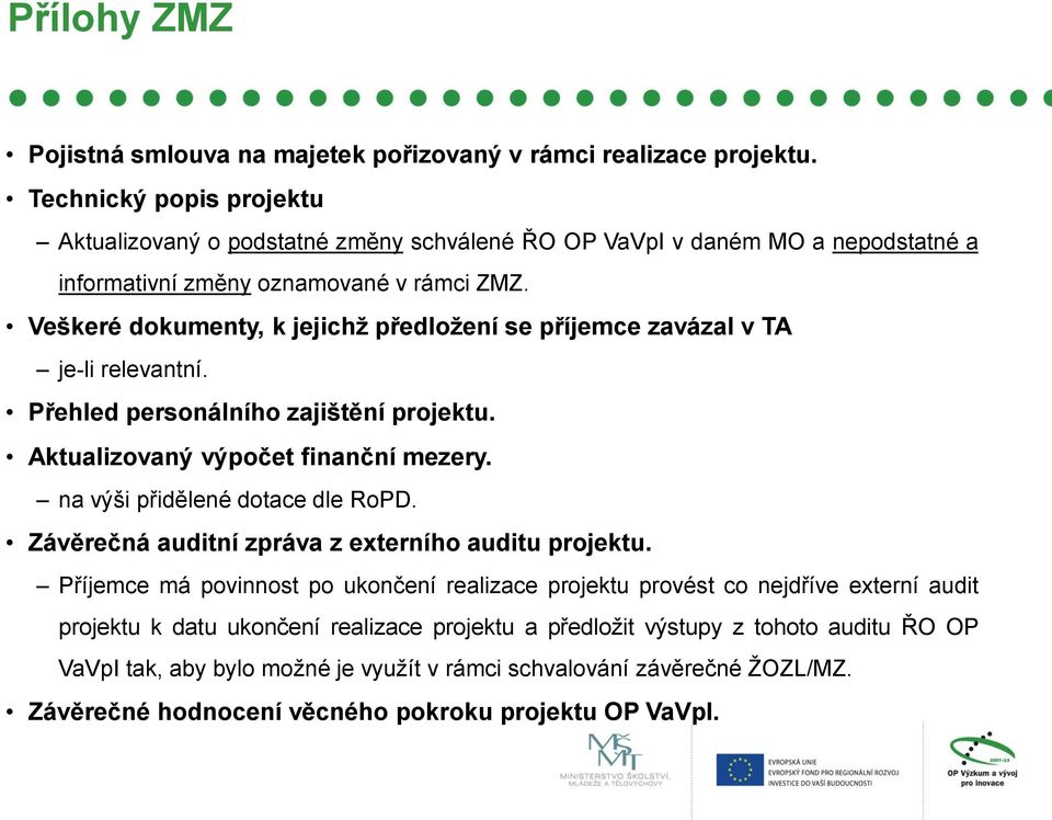 Veškeré dokumenty, k jejichž předložení se příjemce zavázal v TA je-li relevantní. Přehled personálního zajištění projektu. Aktualizovaný výpočet finanční mezery.