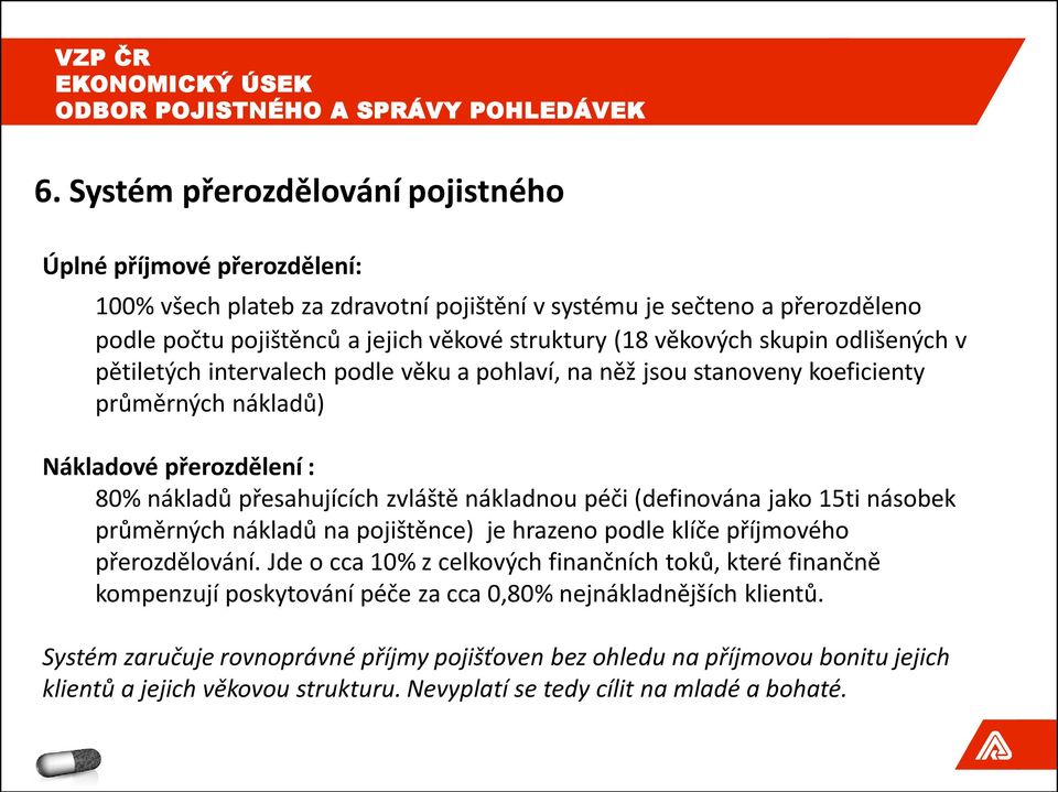 péči (definována jako 15ti násobek průměrných nákladů na pojištěnce) je hrazeno podle klíče příjmového přerozdělování.