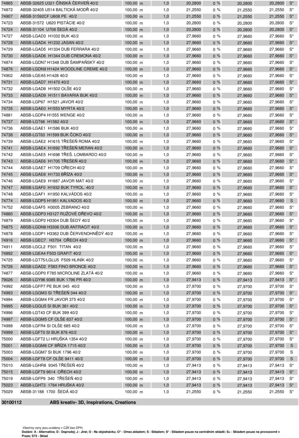 20,2800 S* 74727 ABSB-LGAD3 H1032 BUK 40/2 100,00 m 1,0 27,9660 0 % 27,9660 27,9660 S* 74728 ABSB-LGAD4 H1232 JASAN 40/2 100,00 m 1,0 27,9660 0 % 27,9660 27,9660 S* 74729 ABSB-LGAD5 H1334 DUB FERRARA