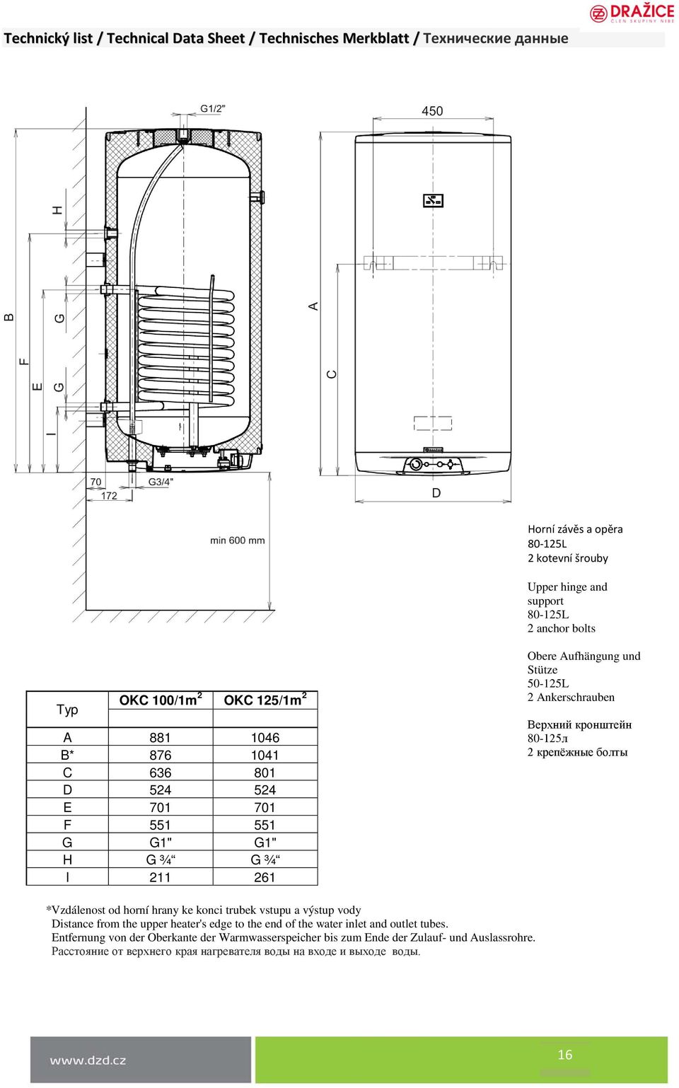 *Vzdálenost od horní hrany ke konci trubek vstupu a výstup vody Distance from the upper heater's edge to the end of the water inlet and outlet tubes.